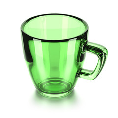 Empty mug made from green transparent uranium glass; isolated on white background with small shadow and reflection; 3D render; high view