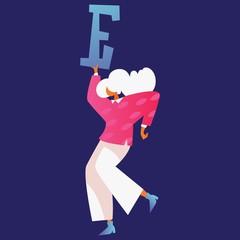 Isolated on dark blue background woman charater with large letter E holding in hands. Vector concept illustration good for creative lettering and educational quotes