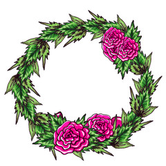 Decorative round wreath of roses and green leaves. Red blooming roses are hand-drawn on an isolated white background. Element for design and greeting card. Copy space.