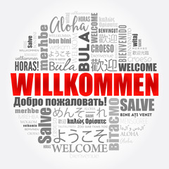Willkommen (Welcome in German) word cloud in different languages, conceptual background