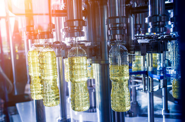 Bottling line of sunflower oil in bottles. Vegetable oil production plant. High technology.
