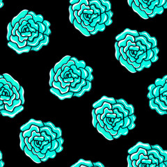 Seamless pattern of blooming decorative flowers. Blue roses. Print for fabric and other surfaces. Illustration drawn by hand with markers. Abstract summer pattern.