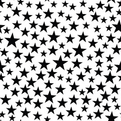 Vector seamless pattern with stars, small black stars on white background. Irregular, chaotic stars texture. Retro style background. Digital print for wrapping paper, fabric,  apparel, web design.