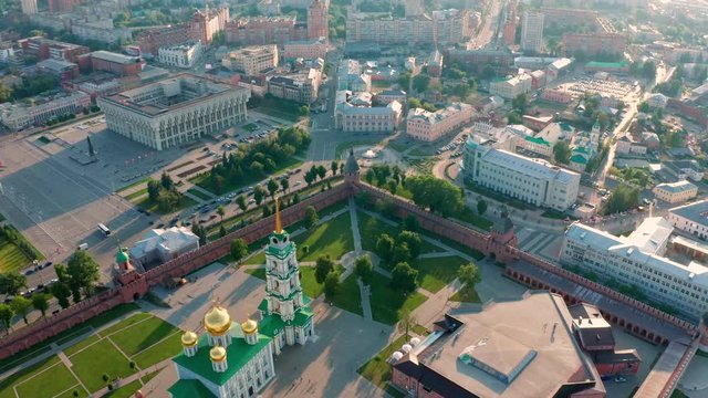 Aerial view of Tula Kremlin and Epiphany Cathedral - ancient Orthodox Church in city downtown, drone footage