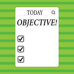 Conceptual hand writing showing Objective. Concept meaning Goal planned to be achieved Desired target Company mission Search Bar with Magnifying Glass Icon photo on White Screen