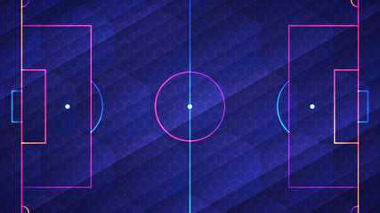 Abstract glowing neon colored soccer field over blue background