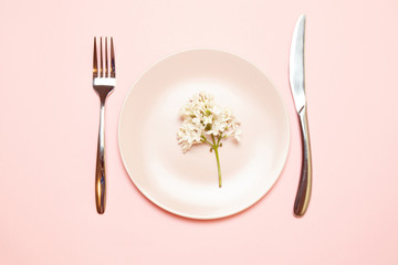 Pink plate with white lilac flower with a fork and knife on a pink background