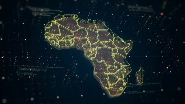 The futuristic high-tech video with a map of the Africa glowing in different colors while danger icon signs flash all over the country.