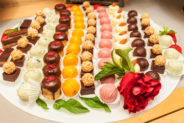 Assortment, variety of sweet colorful truffles and mignons