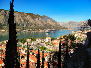 Landscape of Kotor bay, Montenegro, Europe. Beautiful view with the sea, mountains, old city,...
