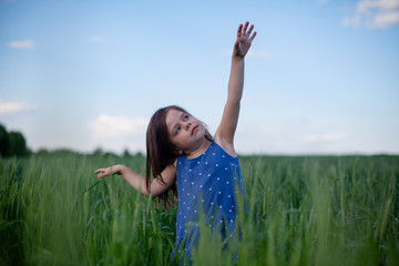 Naklejka na ściany i meble Happy girl walking in green wheat, enjoying the life in the field. Nature beauty, blue sky and field of wheat. Freedom concept