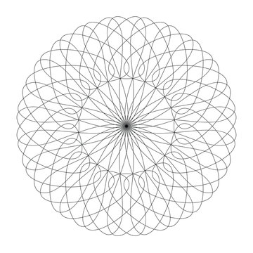 Circle Guilloch in vector. Circle border frame, black round lace contour isolated on white background. Abstract round frame from thin lines.