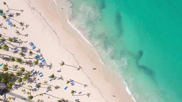 Aerial view from drone on seashore with resorts. Tropical destination for travel and summer vacations. People faving fun on caribbean beach with palm trees and sunbeds