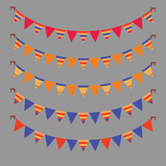 Set of garlands, triangular bright festive flags  on grey background