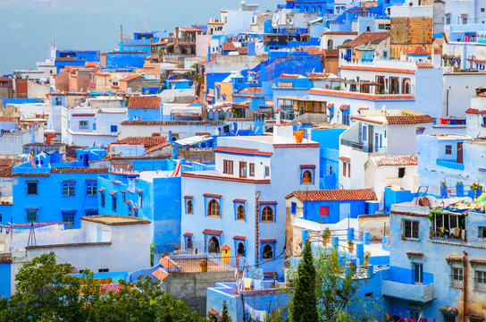 Aerial view of blue medina of city Chefchaouen,  Morocco, Africa.