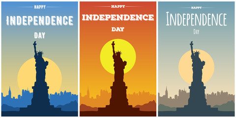 Happy Independence Day USA set cards. Modern banners or flyers with silhouette of the Statue of Liberty and city skyline. Template background for American holidays. Ocean view of New-York city.