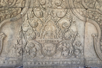 Sandstone lintel depicting Indra on elephant Airavata. Khmer art in Thailand.
