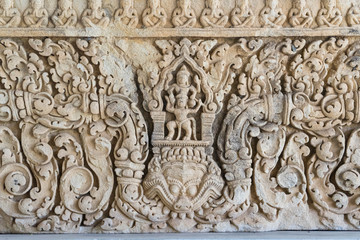 Sandstone lintel depicting Indra on elephant Airavata. Khmer art in Thailand.