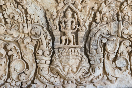 Sandstone lintel depicting Indra on elephant Airavata. Khmer art in Thailand.