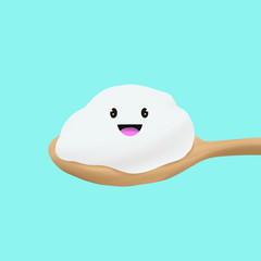 Plain yogurt on wooden spoon with cute face, close up.