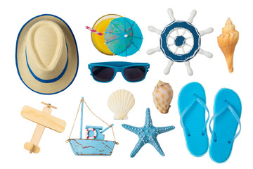 Summer holiday vacation concept with beach and travel accessories isolated on white background.