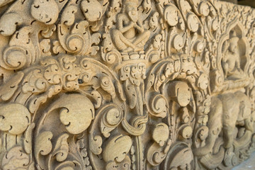 Sandstone lintel depicting Indra on elephant Airavata. Khmer art in Thailand.