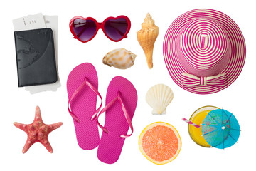Summer holiday vacation concept with beach and travel accessories isolated on white background.