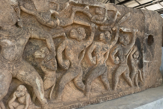 Stone carved bas relief of Ramayana epic depicted monkey god, Khmer art