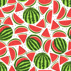 Watermelon seamless pattern. Whole and sliced ripe juicy watermelons and watermelon seeds on white background.