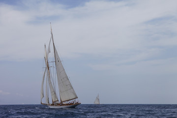 Fototapeta premium Nautical sports in the ocean. Vintage yachts race in Barcelona. Old ships and boats in the sea. Regatta in mediterranean sea. Sails, mast, sheet, canvas in the sky. Holidays in spain. 