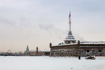 Winter panorama of Saint-Petersburg with Neva river, Palace bridge and Vasilyevsky island. Famous landmarks in Russia