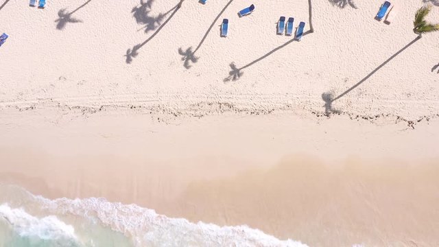 Aerial view from drone on seashore with resorts. Tropical destination for travel and summer vacations. People faving fun on caribbean beach with palm trees and sunbeds
