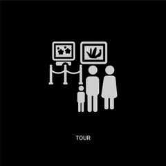 white tour vector icon on black background. modern flat tour from museum concept vector sign symbol can be use for web, mobile and logo.