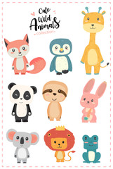 Cute nursery wild animal pastel hand drawn collection  penguin, giraffe, panda, sloth,rabbit, koala, lion, frog