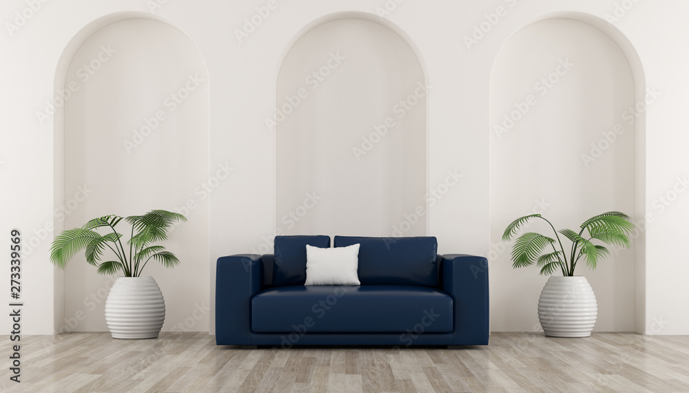 Poster view of living room in minimal style with arch wall design.room with plant in vase and sofa on white