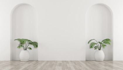 3D stimulate of white room and arch wall design with green plant in vase. Perspective of minimal design.Illustrate.