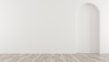 3D stimulate of empty white room with arch wall design and wood laminate floor,Perspective of minimal design.Illustrate. - obrazy, fototapety, plakaty