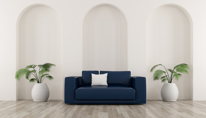View of living room in minimal style with arch wall design.Room with plant in vase and sofa on...