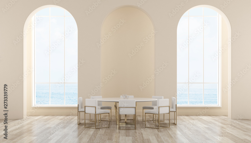 Poster view of sweet interior space with arch window on sea view background,dining room with round table on