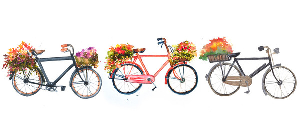 Watercolor retro bicycles collection on white background, hand painted