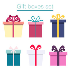 Gift boxes set, different design boxes on white background, vector illustration