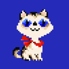 Fototapeta premium white vector pixel art cartoon smiling cat in red scarf isolated 