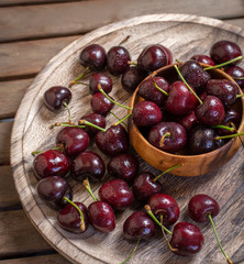 Cherries in rustic environment overhead plane
