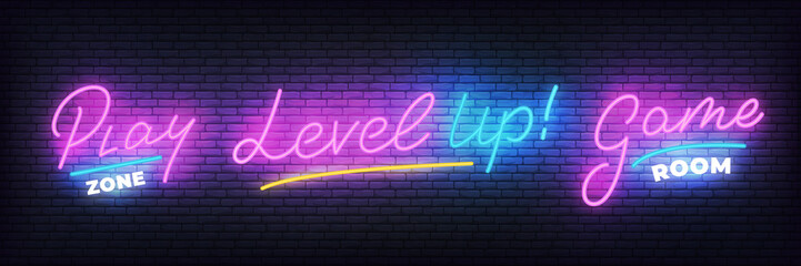 Gamer neon set. Play zone, Game room, Level Up glowing neon sign.