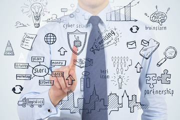 Man using business strategy virtual screen