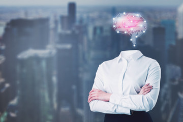 Business woman with AI brain in city