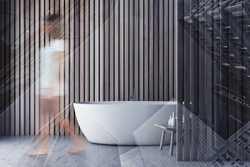 Woman walking in wooden bathroom with tub