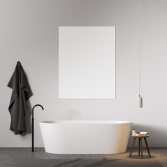 White bathroom interior with tub and poster