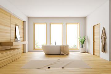 Obraz na płótnie Canvas White and wooden loft bathroom interior