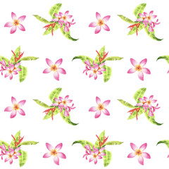 Fototapeta na wymiar hand drawn watercolor floral tropical seamless pattern with green monstera leaves and pink plumeria flowers on white background. design for cloth, textille, wrapping, gift paper